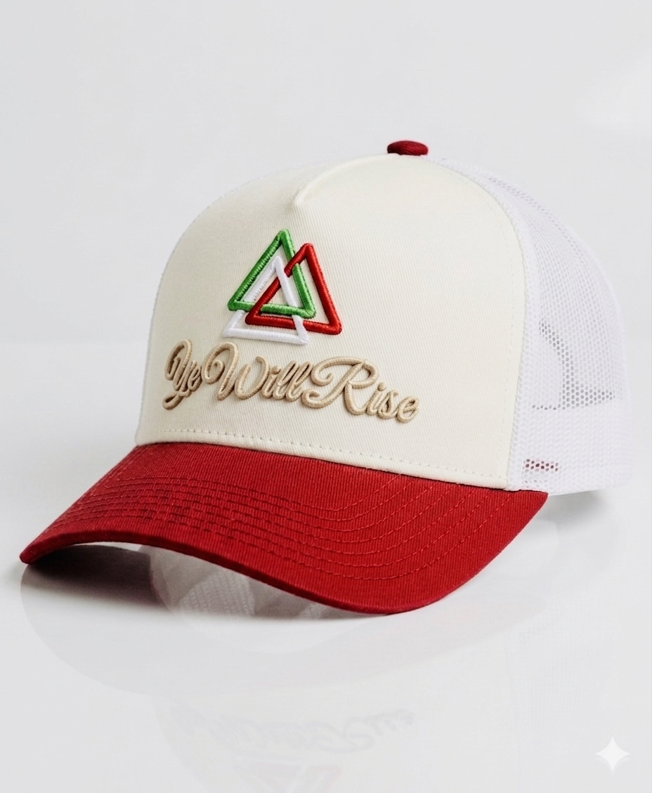Yewillrise “Rise Beyond Expectations” Trucker Hat — Red, Off-White & Mesh