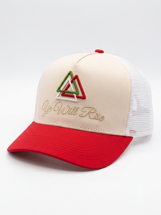 Yewillrise “Rise Beyond Expectations” Trucker Hat — Red, Off-White & Mesh